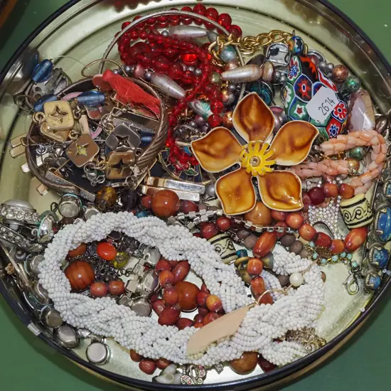 metal tray; pendants, necklaces etc