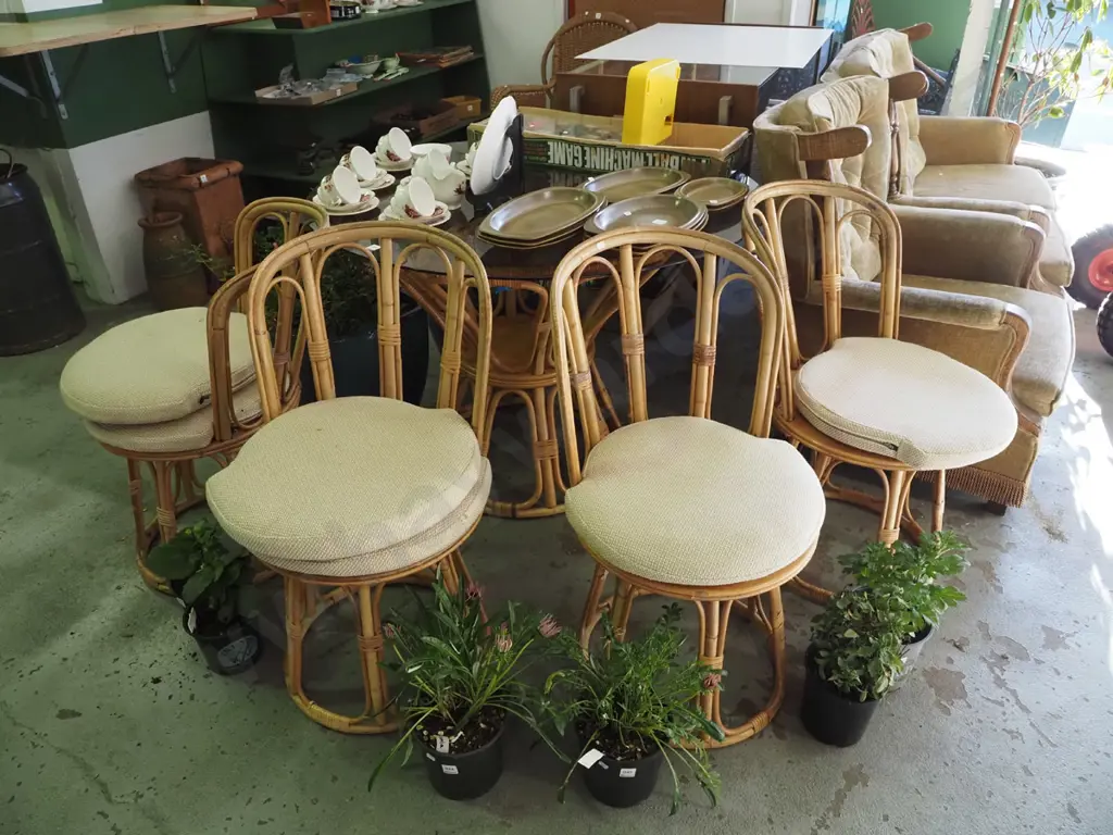 bamboo and glass top circular table with 4 matching swivel chairs and 6 cushions Image 1++