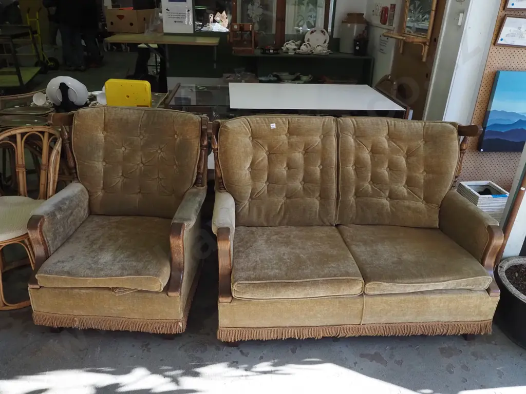 retro wood and deep buttoned upholstered lounge suite - 1 seater and 2 seater Image 1++