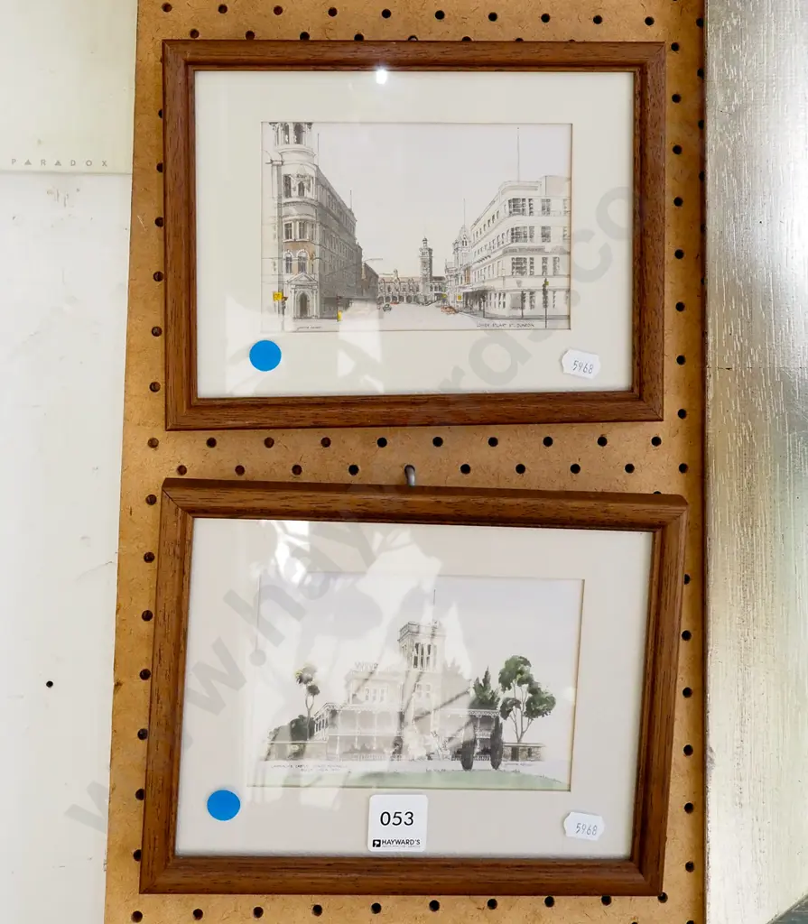 2x hand coloured Yvonne  Benson prints - Dunedin scenes  - blue dots Image 1++