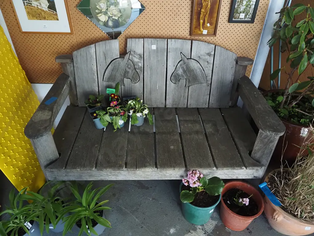 solid wood garden bench seat with carved horse head insets H-850 W-1300 D-700 Image 1++