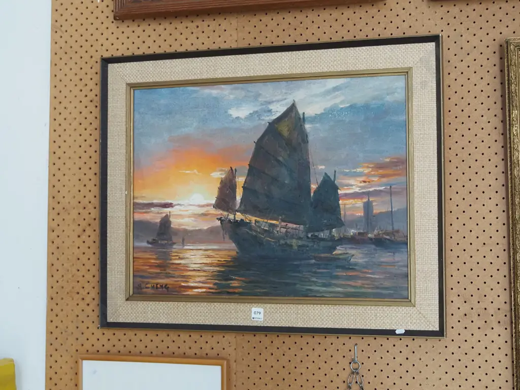 H Cheng framed oil on canvas - sampan (some foxing and aging to paint) H-580 W-740 Image 1++