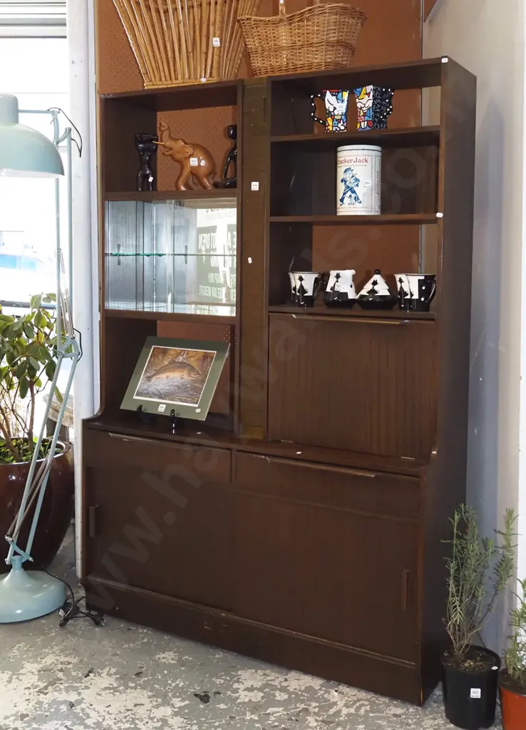 dark stained mid century wall unit with 2 sliding doors, liquor cabinet Image 1++