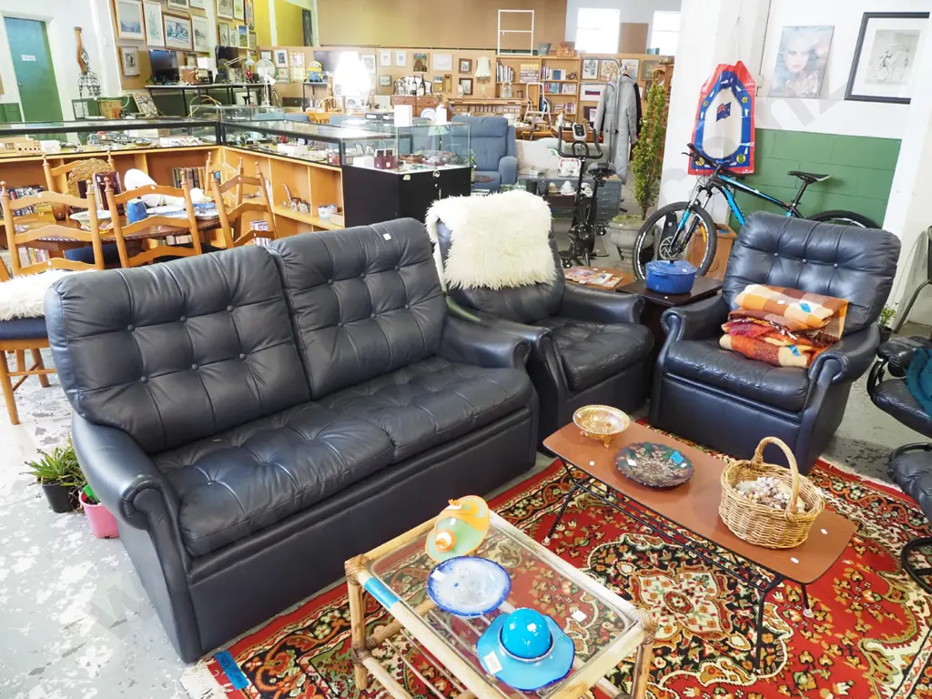 dark blue deep buttoned rolled arm upholstered 3 piece lounge suite - 2 seater 2 singles Image 1++