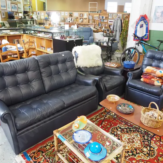 dark blue deep buttoned rolled arm upholstered 3 piece lounge suite - 2 seater 2 singles