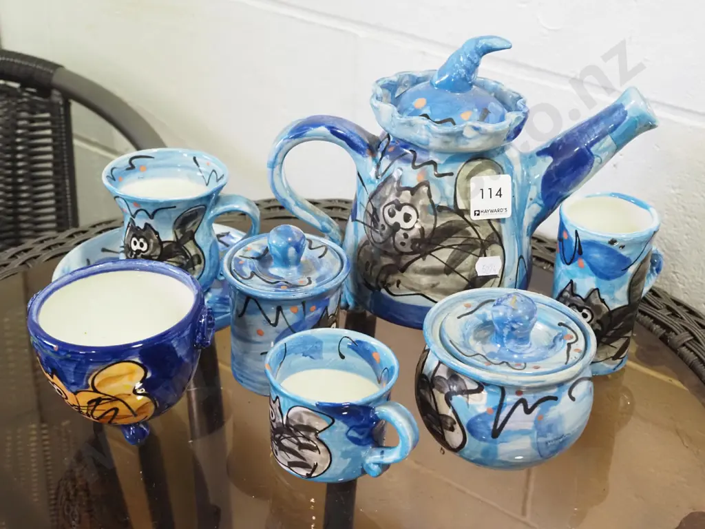 studio pottery cat themed tea pot, cups etc - repair to sugar lid Image 1++