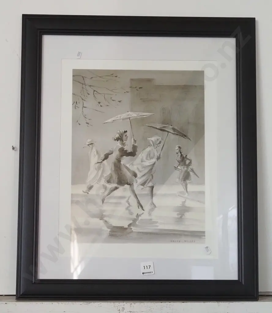 framed Ralph Miller print - women with umbrellas H-500 W-460 Image 1++