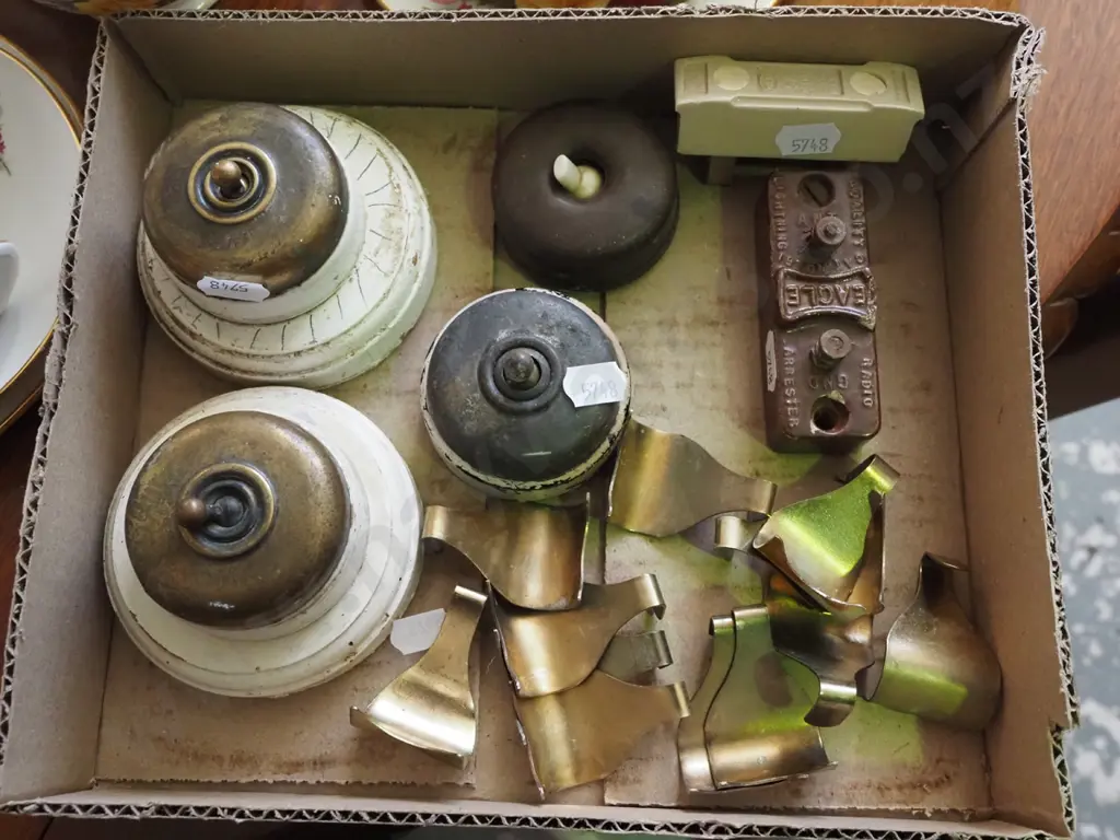 box; vintage light switches, picture hooks, fuses Image 1++