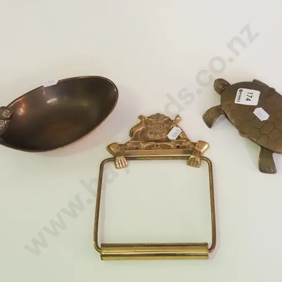 brass bird themed bowl, turtle ashtray, toilet roll holder