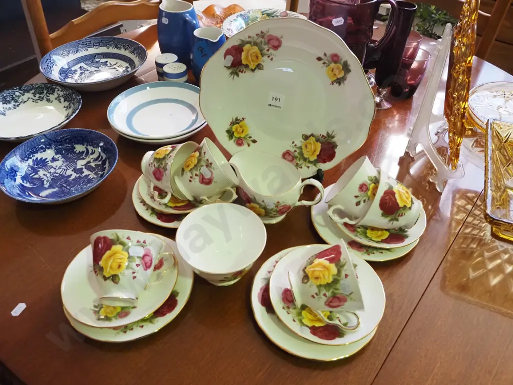 Queen Anne yellow and pink rose trios, plate, creamer, sugar - chip to jug Image 1++