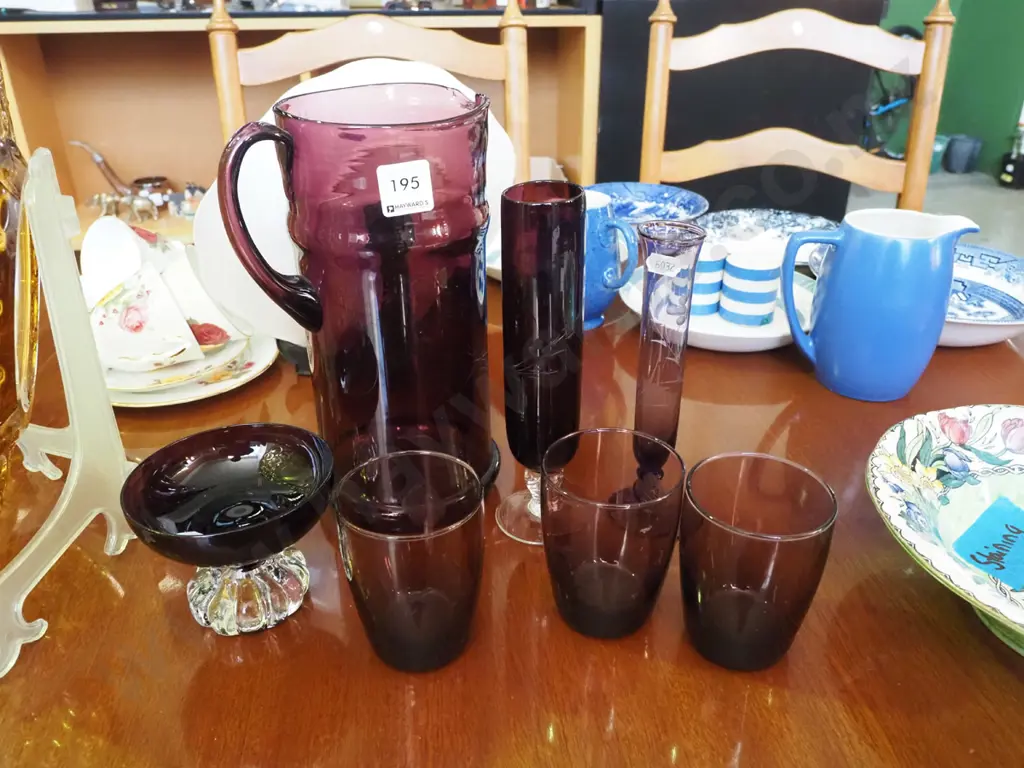 purple glass water jug , bud vases, comports, tumblers Image 1++