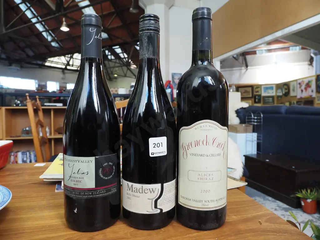 3x bottles of red wine Greenock Creek shiraz 2000, Madew Shiraz 2002, Pleasant Valley malbec 2003 Image 1++