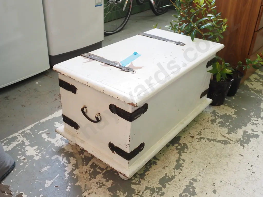 hand painted Asian hardwood chest with heavy metal brackets and hinges Image 1++