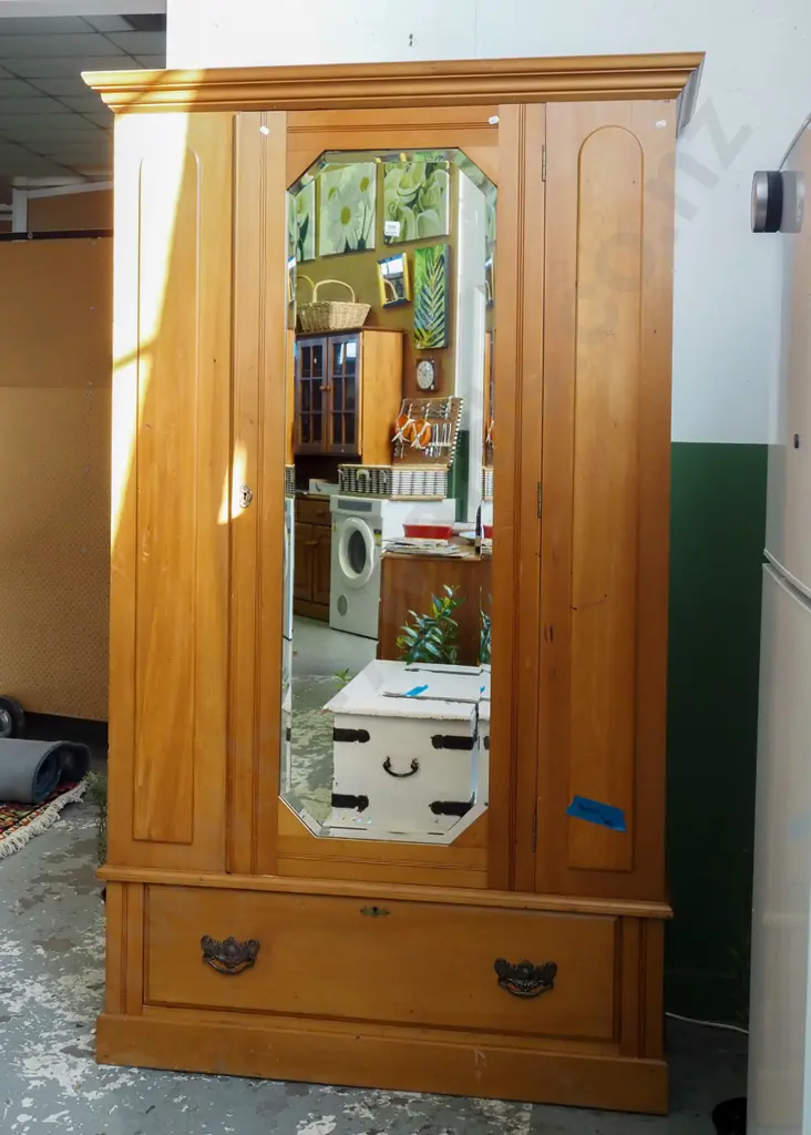 colonial kauri wardrobe with lower drawer, bevelled glass door - signs of borer Image 1++