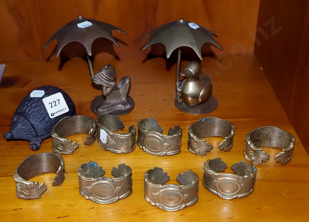 brass napkin rings, frog figurines, cast iron hedgehog Image 1++