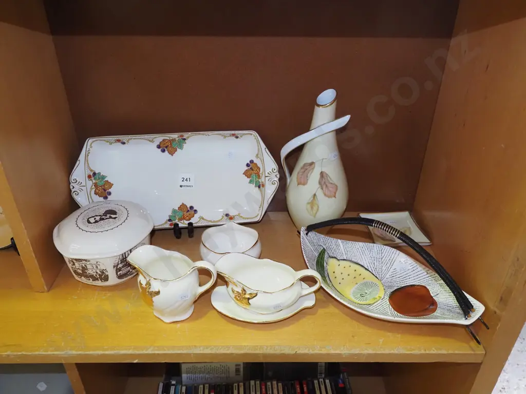 shelf; ceramic basket, floral vase, sandwich tray, Crown Lynn Ceramco lidded bowl etc Image 1++