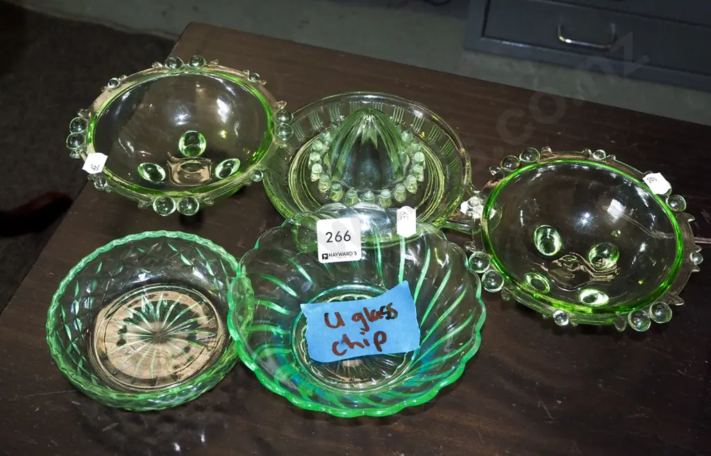 glass bowls, glass lemon squeeze - uranium glass bowl has chip Image 1++
