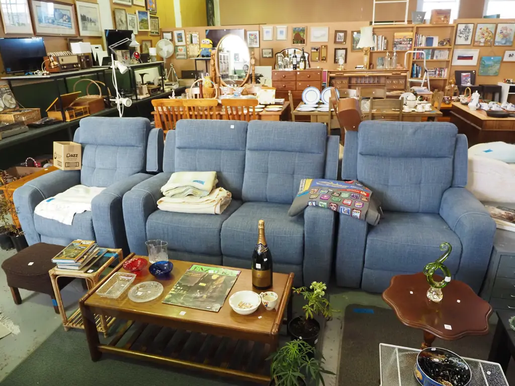blue upholstered electric reclining modern 3 piece lounge suite - 2 seater settee and 2 singles Image 1++
