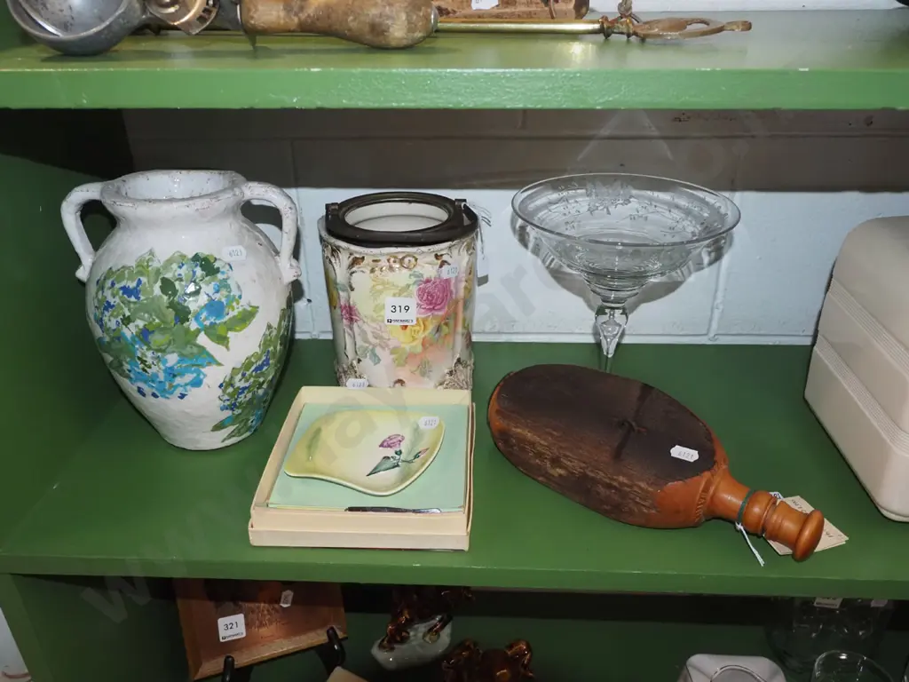etched glass comport, vase, biscuit barrel no lid, etc Image 1++