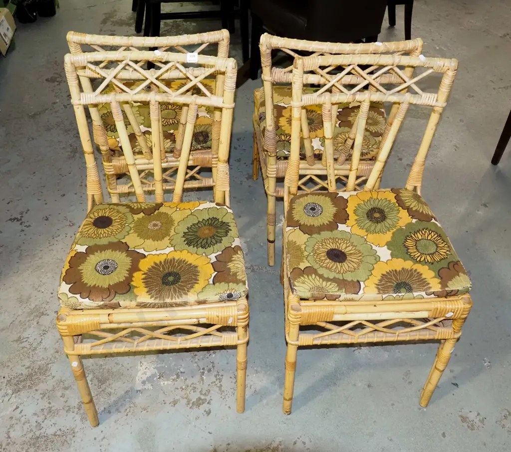 4x retro bamboo upholstered dining chairs Image 1++