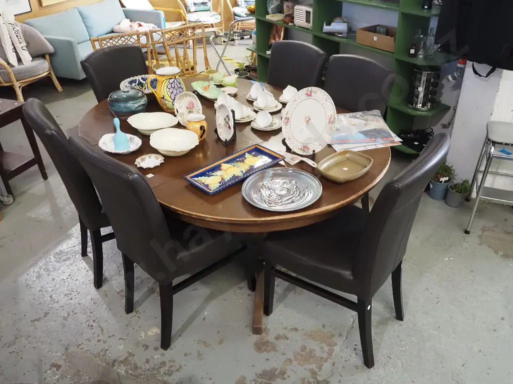 mahogany extending twin pedestal dining table with 6 vinyl upholstered chairs H730 L1780 W1230 Image 1++