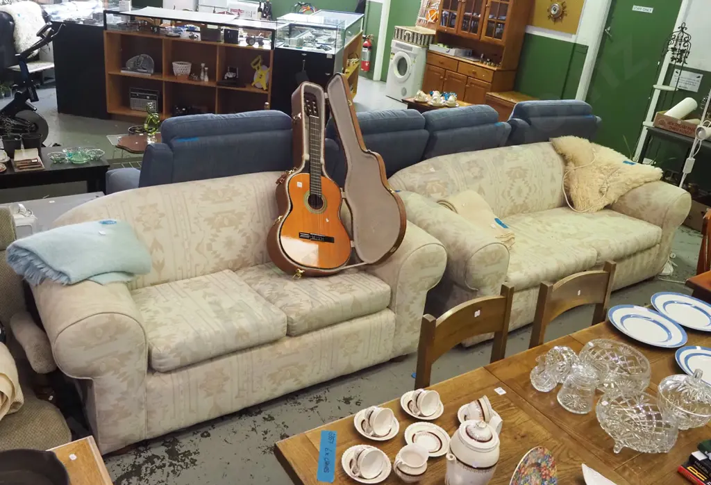 cream and fawn geometric pattern rolled arm lounge suite - 3 seater divan and a 2-seater Image 1++