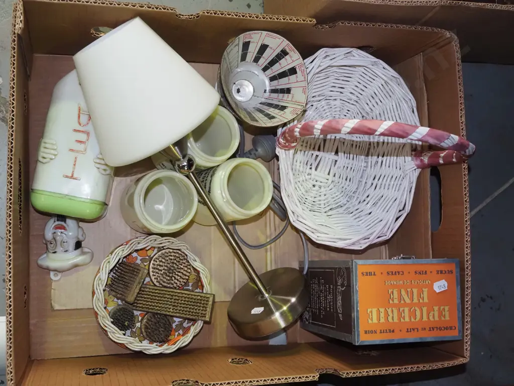 box of marmalade jars, tea caddy, cane basket, etc Image 1++
