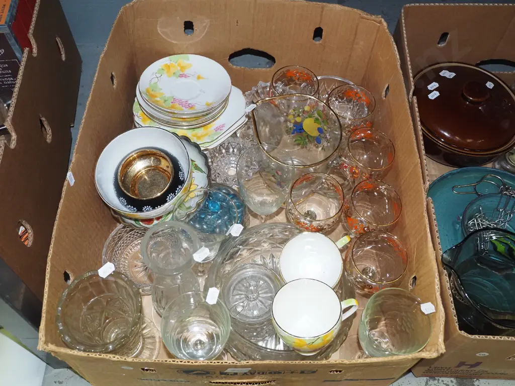box of wine glasses, saucers, cups, bowls, etc Image 1++