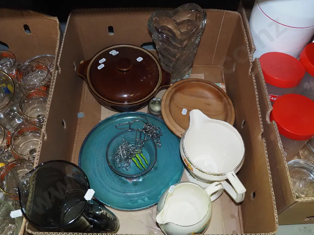 box of jugs, glass vase, casserole, chips and dip dish etc Image 1++