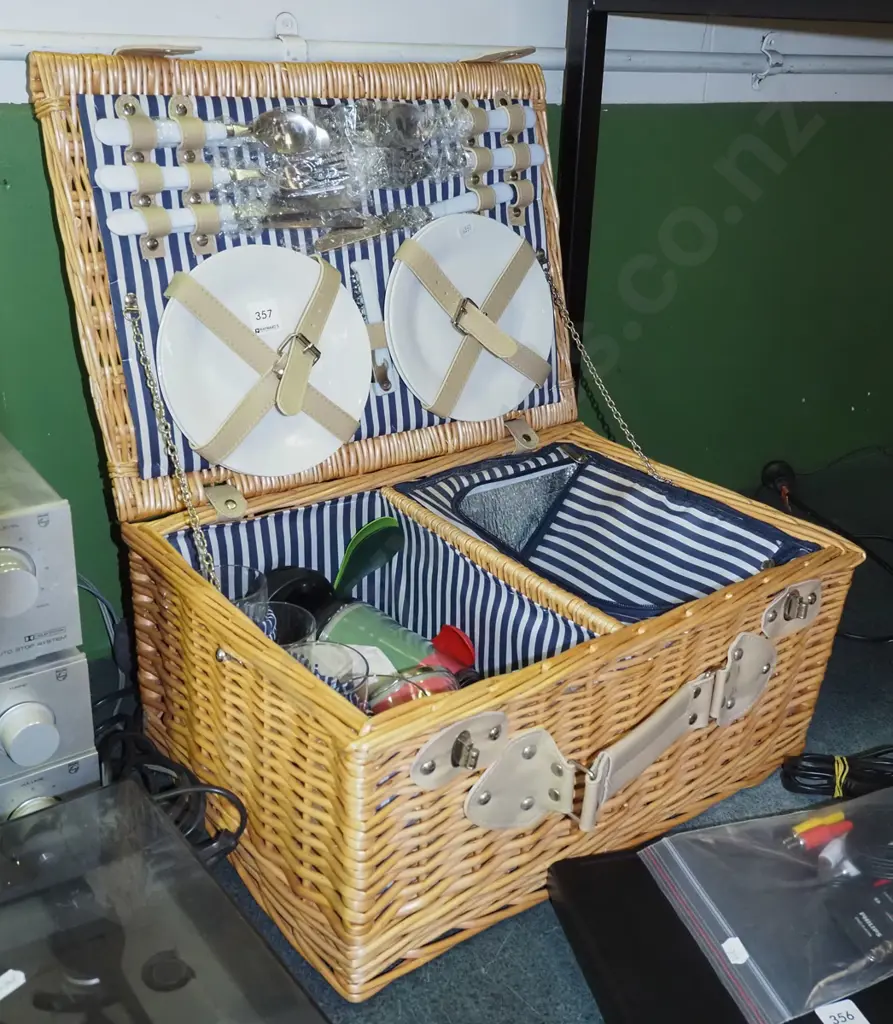 unused condition cane picnic hamper and contents - plates, cutlery Image 1++