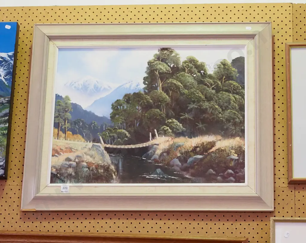 framed oil on board - stream and mountain bush scene - framing needs attention Image 1++
