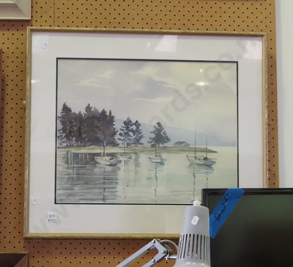 TV Hall - framed watercolour - moored boats H-380 W-470 Image 1++