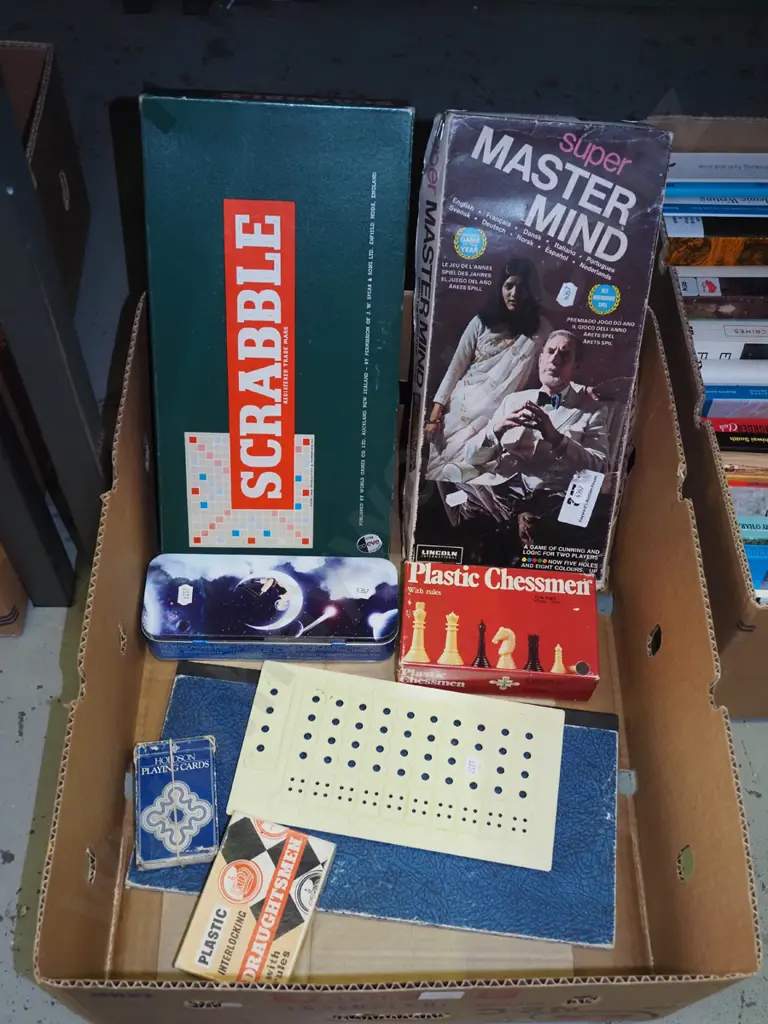 box of board games - Scrabble, Mastermind, chess, etc Image 1++