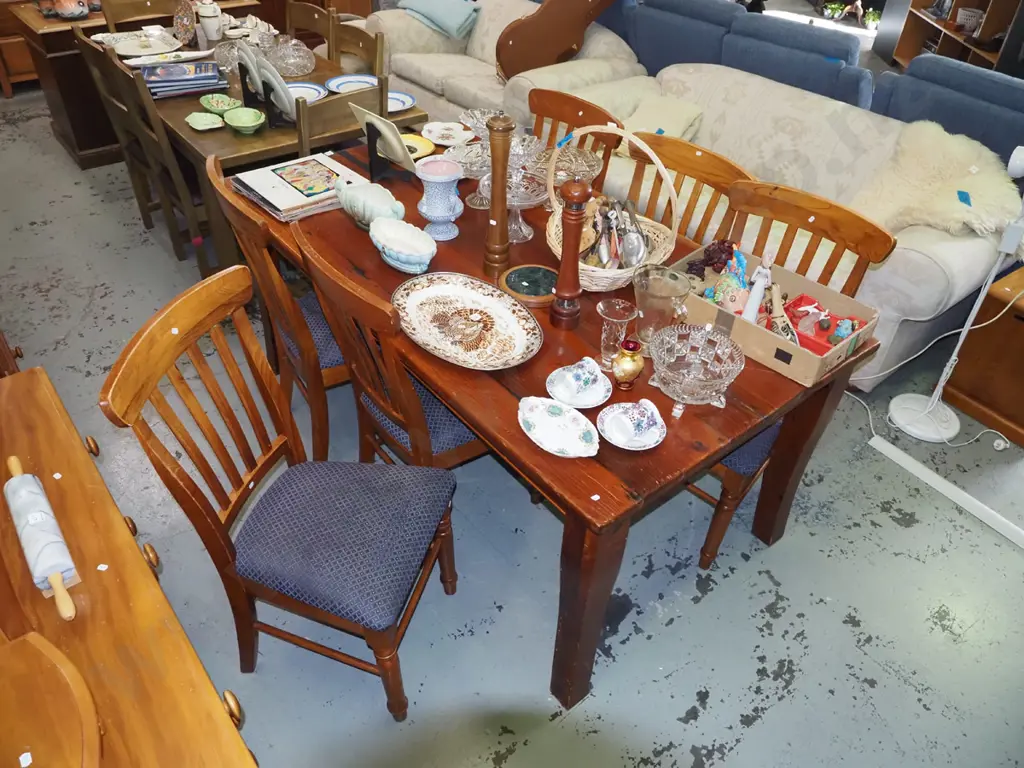 solid oregon dining table with 6 matching chairs - slight wear to varnish on table top Image 1++