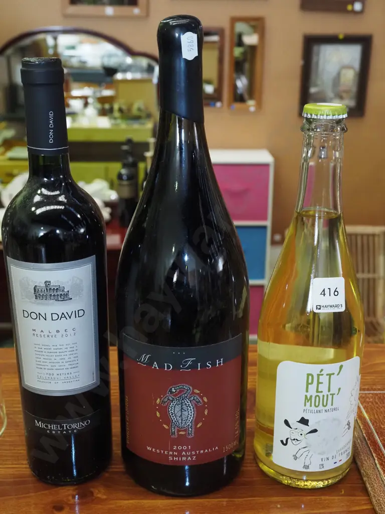 3x bottles of wine - Don David malbec 2012, Madrin shiraz 2001, Pet Mout chardonnay Image 1++