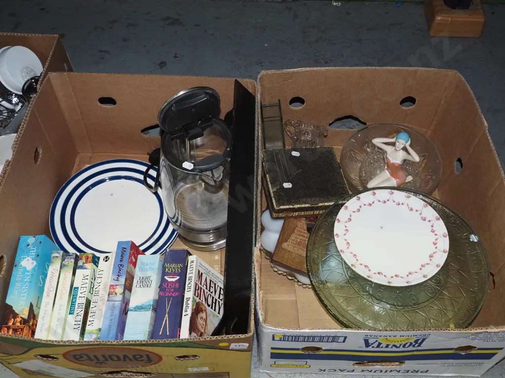 2 boxes; box; electric kettle, serving tray, plate, books, cake stand etc - yellow dots Image 1++