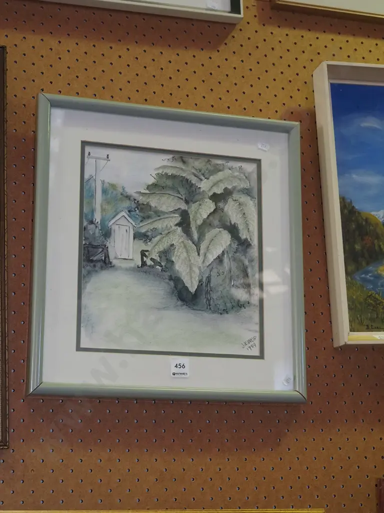 JK Weir framed ink and watercolour - garden scene H-280 W-240 Image 1++