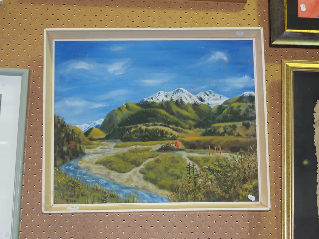 framed oil on board - river and mountain scene Image 1++
