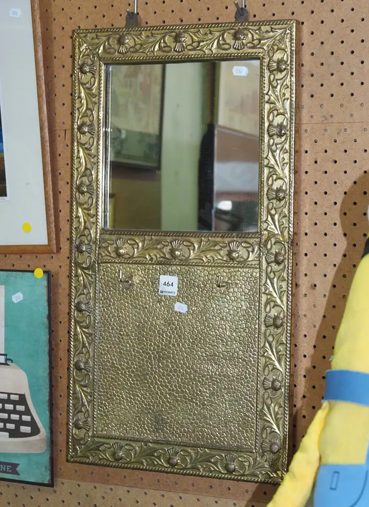 pressed brass thistle themed framed wall mirror with 2 hooks for brushes H-560 Image 1++