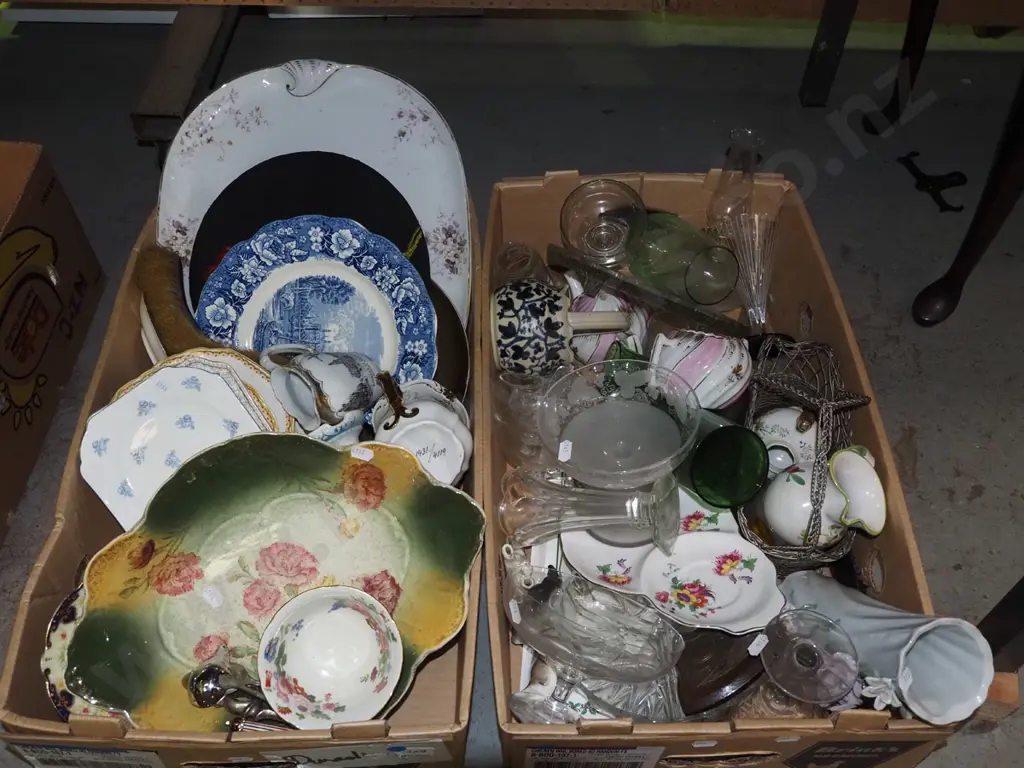 2 boxes; glass ware, plates, saucers, vases etc - blue dots Image 1++
