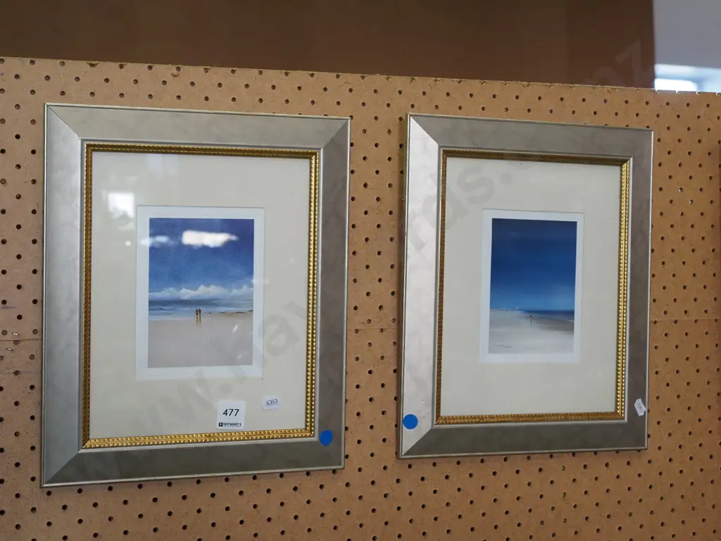 2x framed prints - people on beaches - blue dots Image 1++