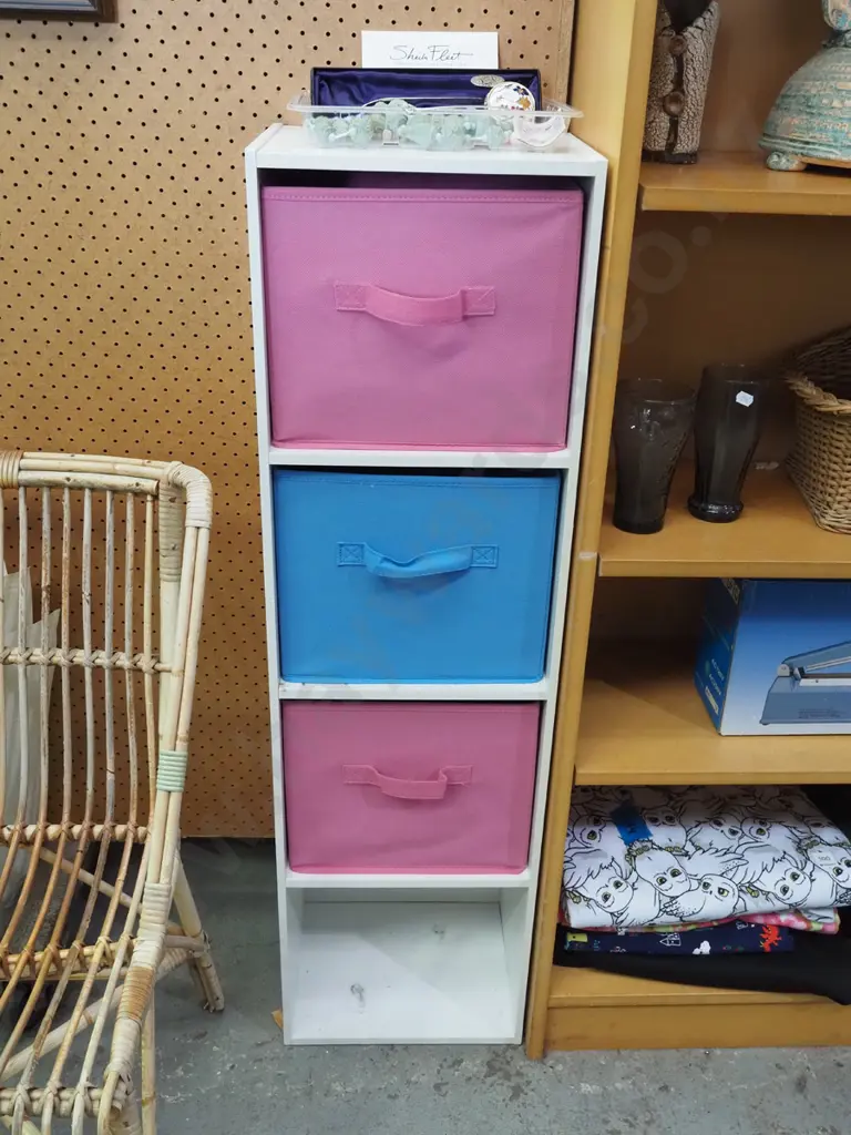 mdf melteca shelves with 2 pink and 1 blue fabric baskets Image 1++
