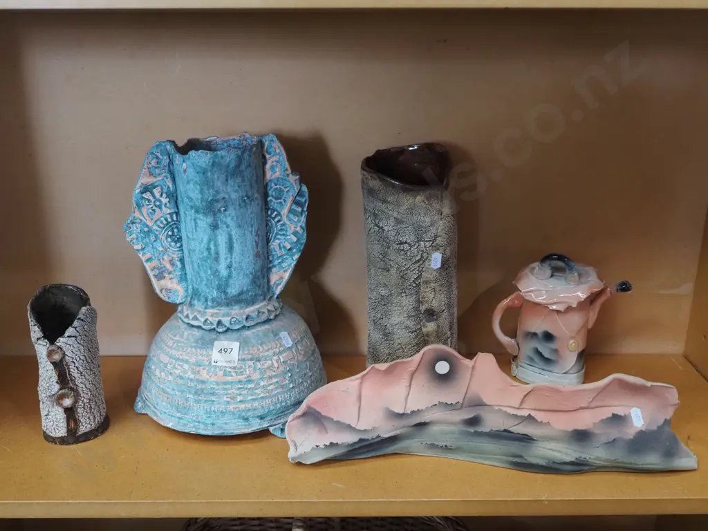 studio pottery items, 3x vases, ornamental tea pot, sculptural piece Image 1++
