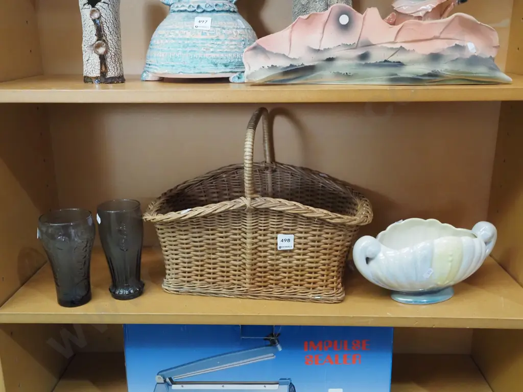 shelf; cane basket, Titian ware vase, 2x Coca Cola tumblers  Image 1++