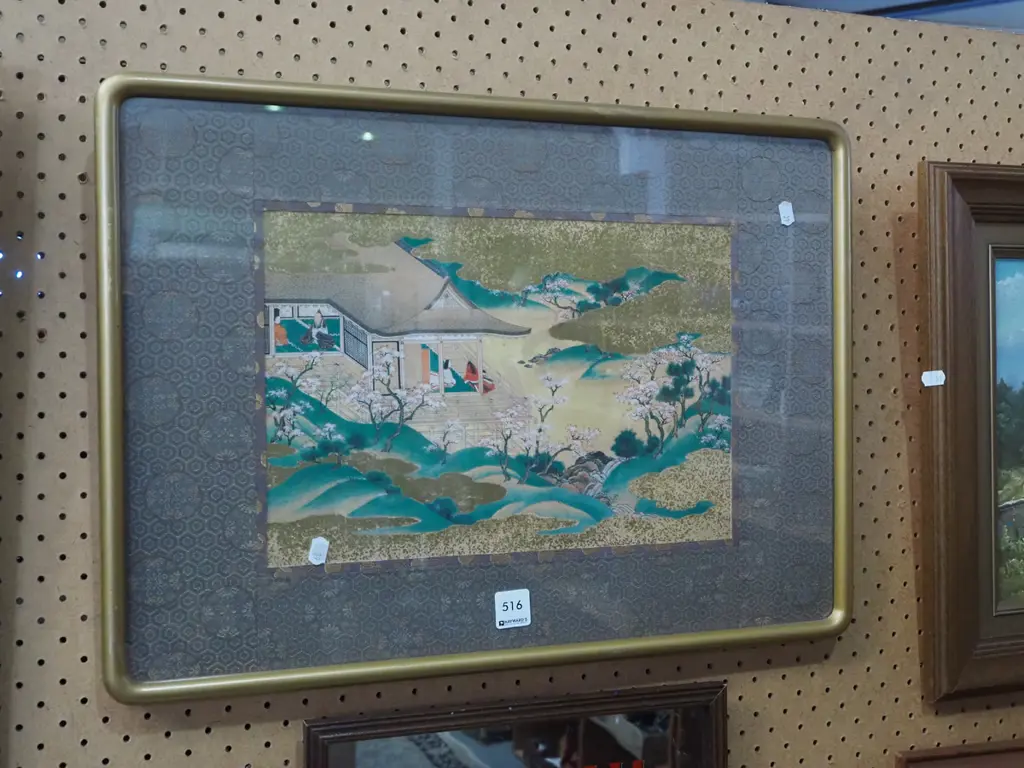 framed Japanese ink and watercolour - house and trees in blossom Image 1++