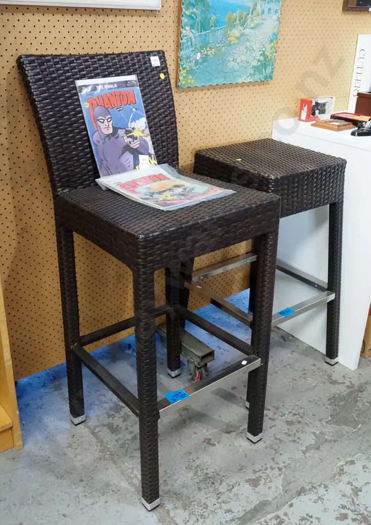 2x woven plastic and chrome stools - yellow dots Image 1++