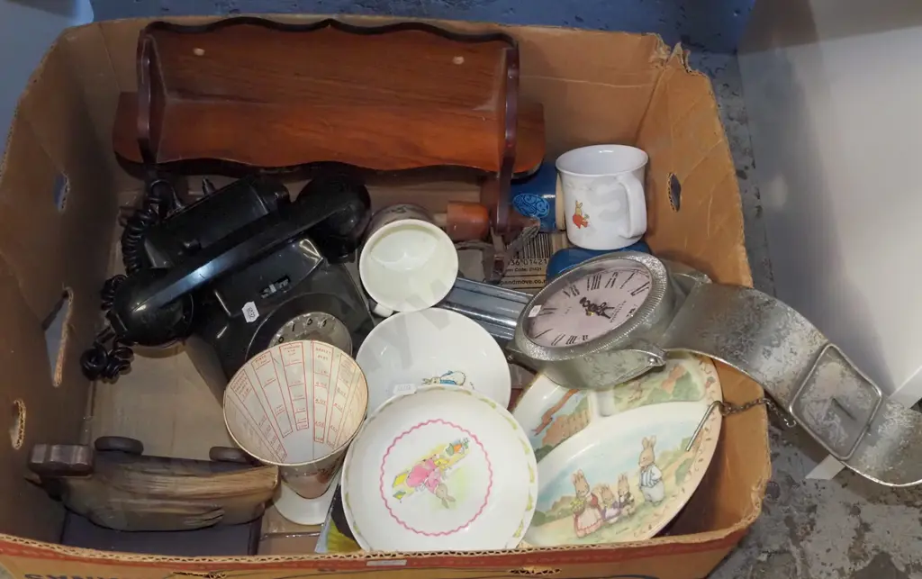 box; bowls, watch themed mantle clock, paper towel dispenser etc Image 1++