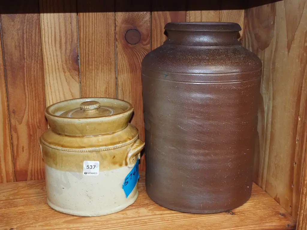 salt glazed crack, small crock - damage to lid Tallest H-320 Image 1++