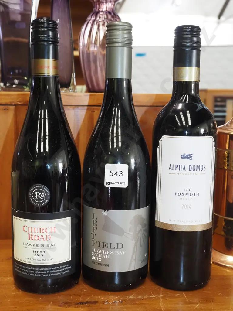 3x bottles of red wine - Church Road syrah 2013, Leftfield Syrah 2012, Alpha Domus merlot 2012 Image 1++