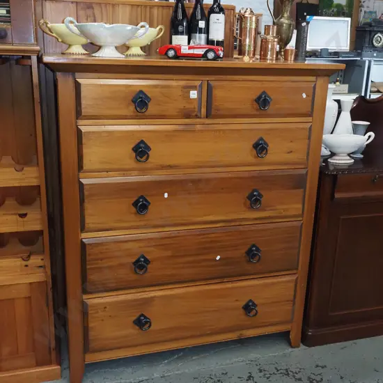 solid wood 6 drawer tall boy with drop metal handles H-1290 W-1120 D-460